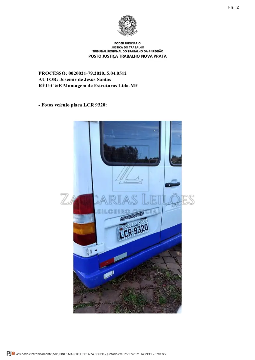 LOTE 003 - Um veículo da marca MERCEDEZ BENS SPRINTER 310 D, placa LCR-9320, ano/modelo 1998/1998, na cor branca. RENAVAM 714205826.