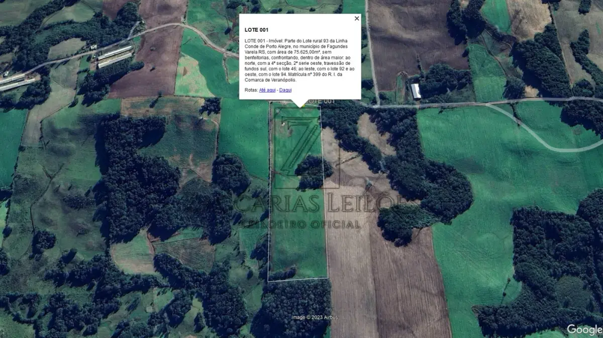 LOTE 001 - Imóvel: Parte do Lote rural 93 da Linha Conde de Porto Alegre, no município, com área de  75.625,00m², sem benfeitorias, confrontando, dentro de área maior: ao norte, com a 4ª secção, 2ª serie  oeste, travessão de fundos; ao sul, com o lote 46; ao leste, com o lote 92 e ao oeste, com o lote 94. Matrícula  nº 399 do R. I. da Comarca de Veranópolis.