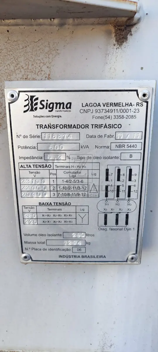 LOTE 014 - 1 Transformador de 500 KVA da marca SIGMA. Sucatas em condição de uso.